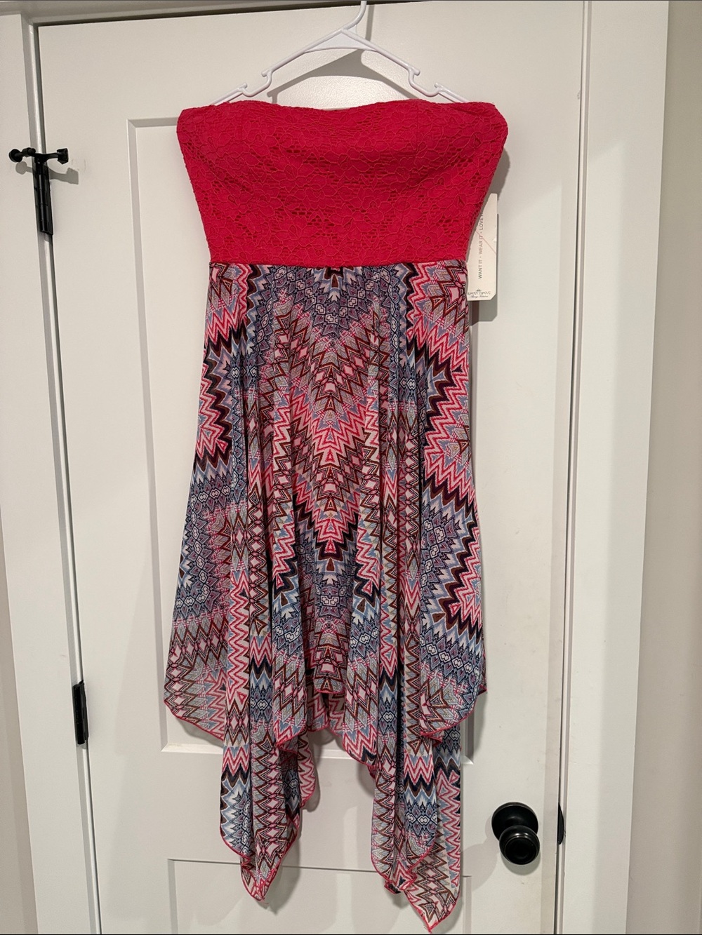 NWT Almost Famous Strapless Pink Lace & Printed Handkerchief Hem Dress
